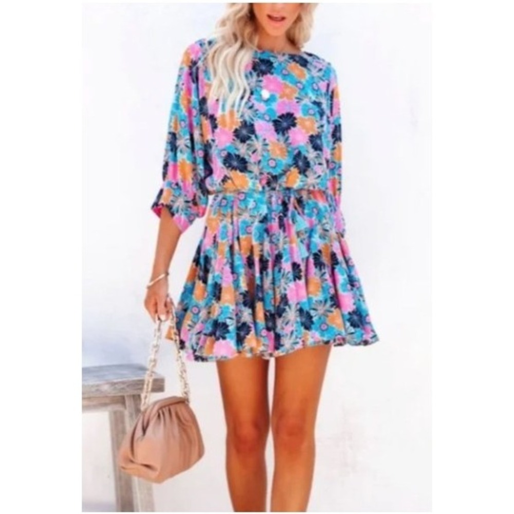 Aakaa Boho Floral Print Mini Dress Tassel Belt Flutter Sleeve Women's S